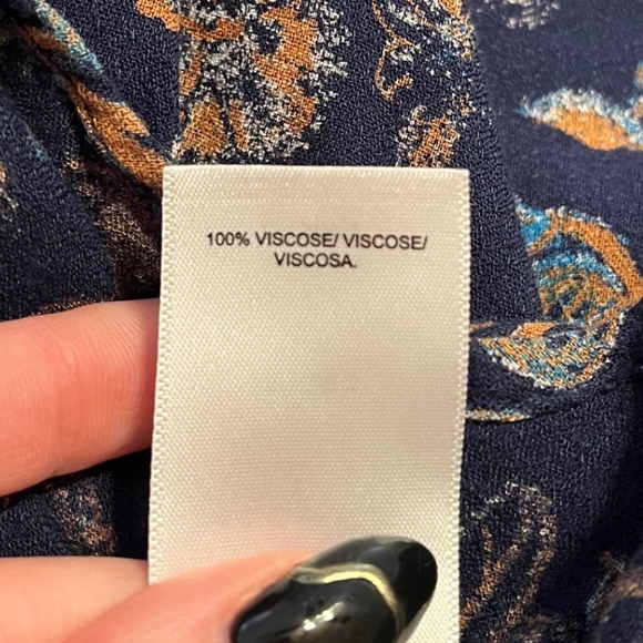 Lucky Brand Boho Navy Paisley Faux Wrap Peplum Blouse Long Sleeve Ruffle Neck XL - Picture 10 of 10